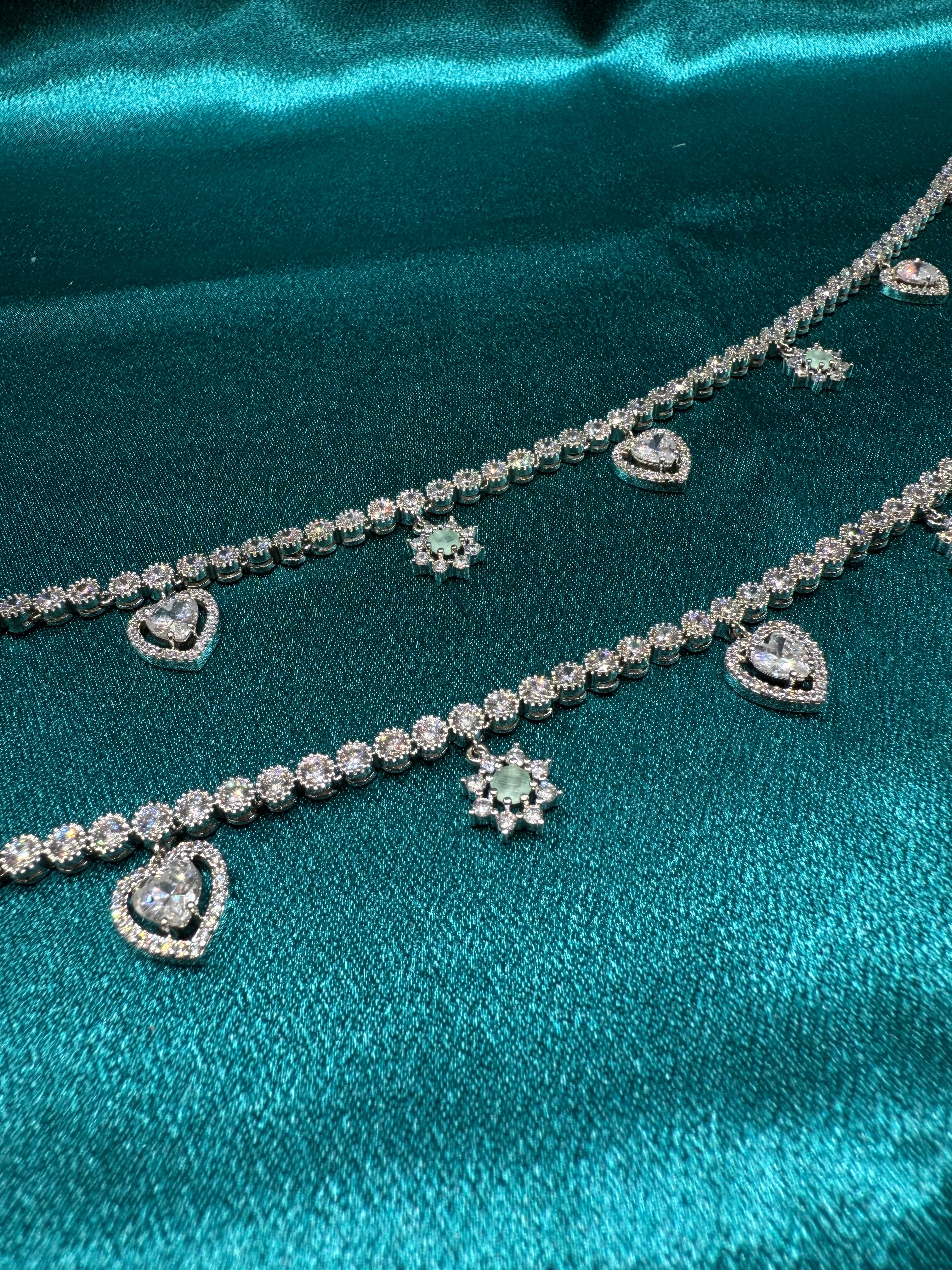 Fancy silver anklet with flower and heart stone hanging beads