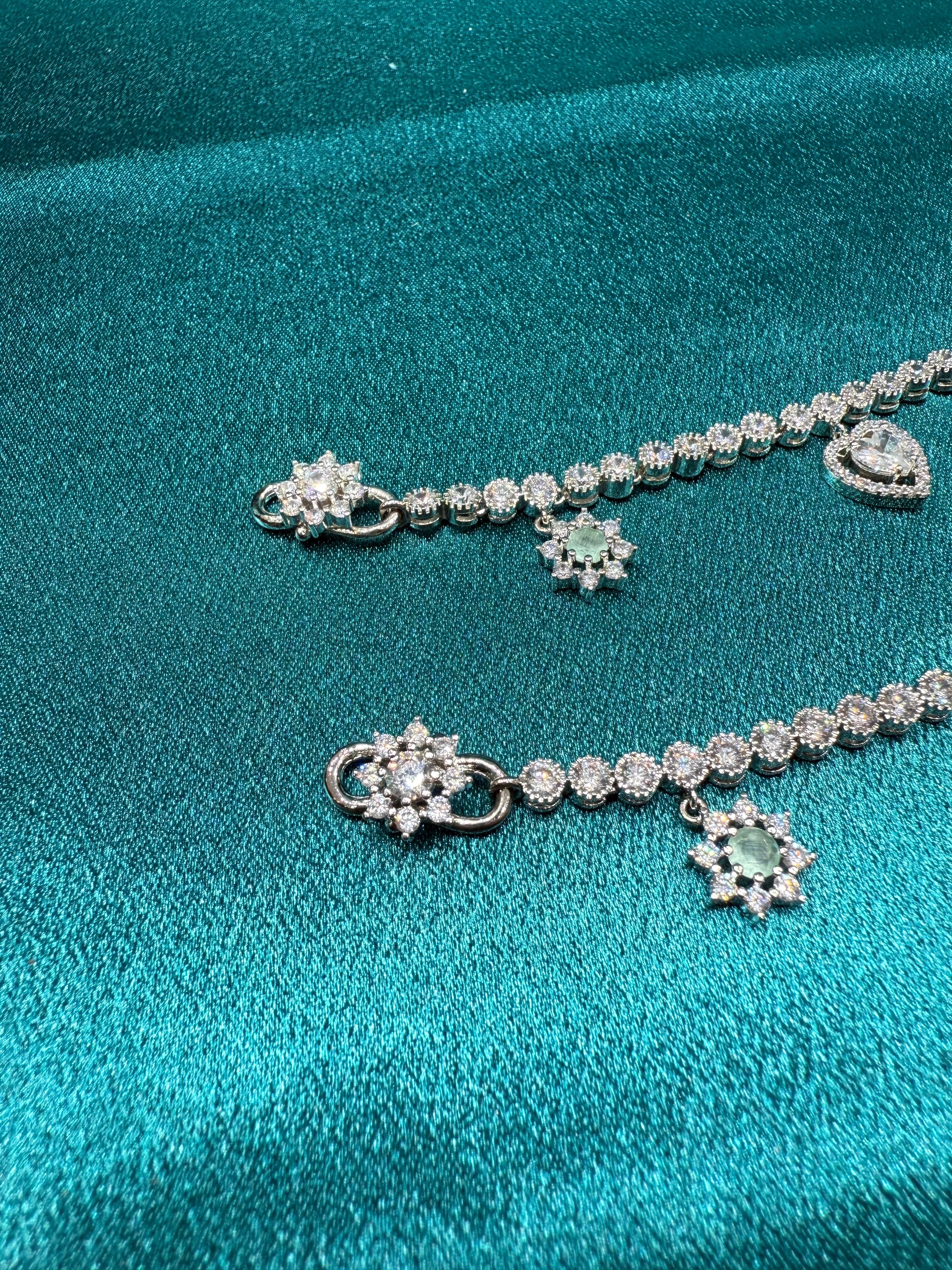 Fancy silver anklet with flower and heart stone hanging beads