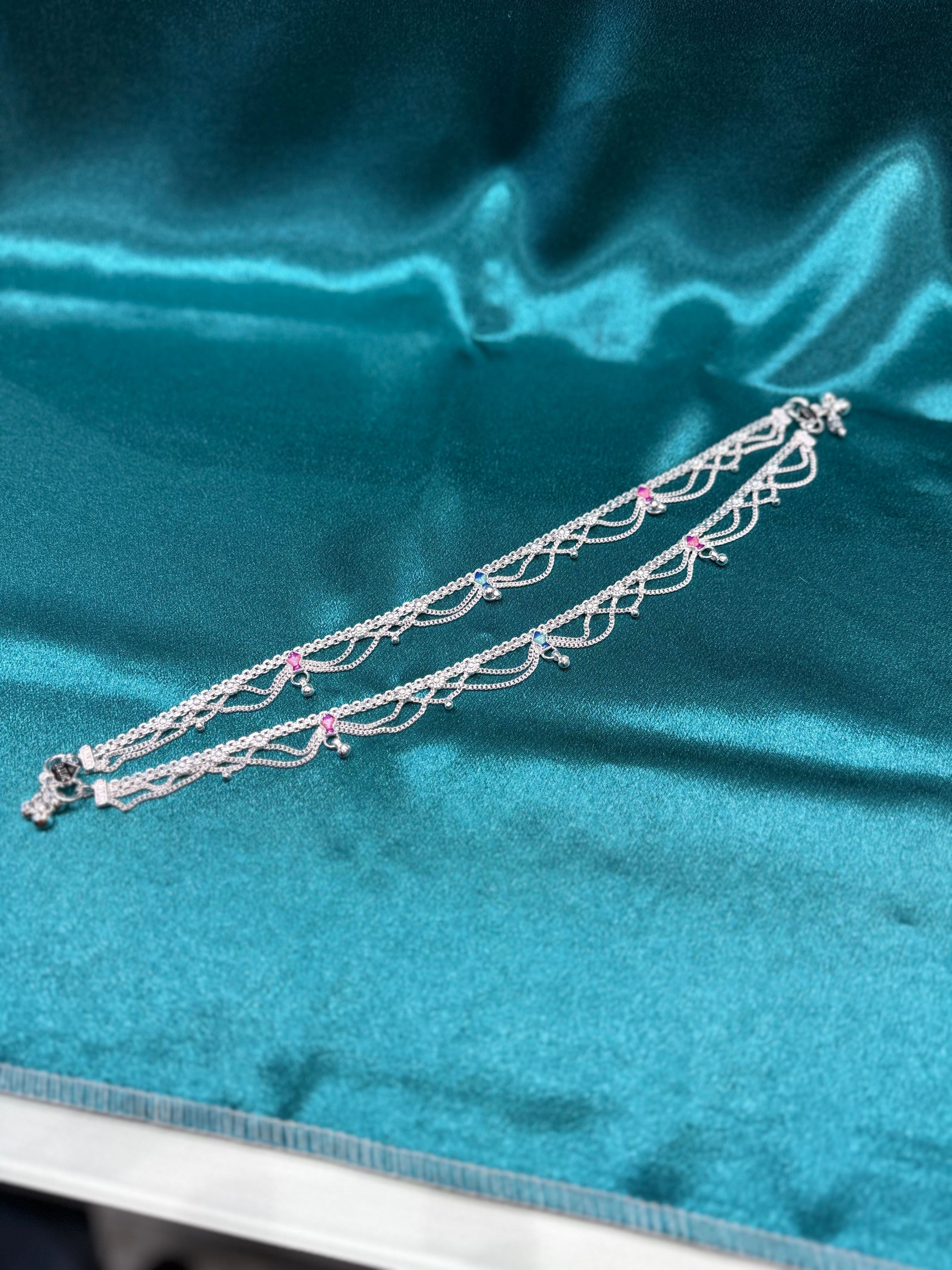 Traditional silver anklet with frill and colourful pattern
