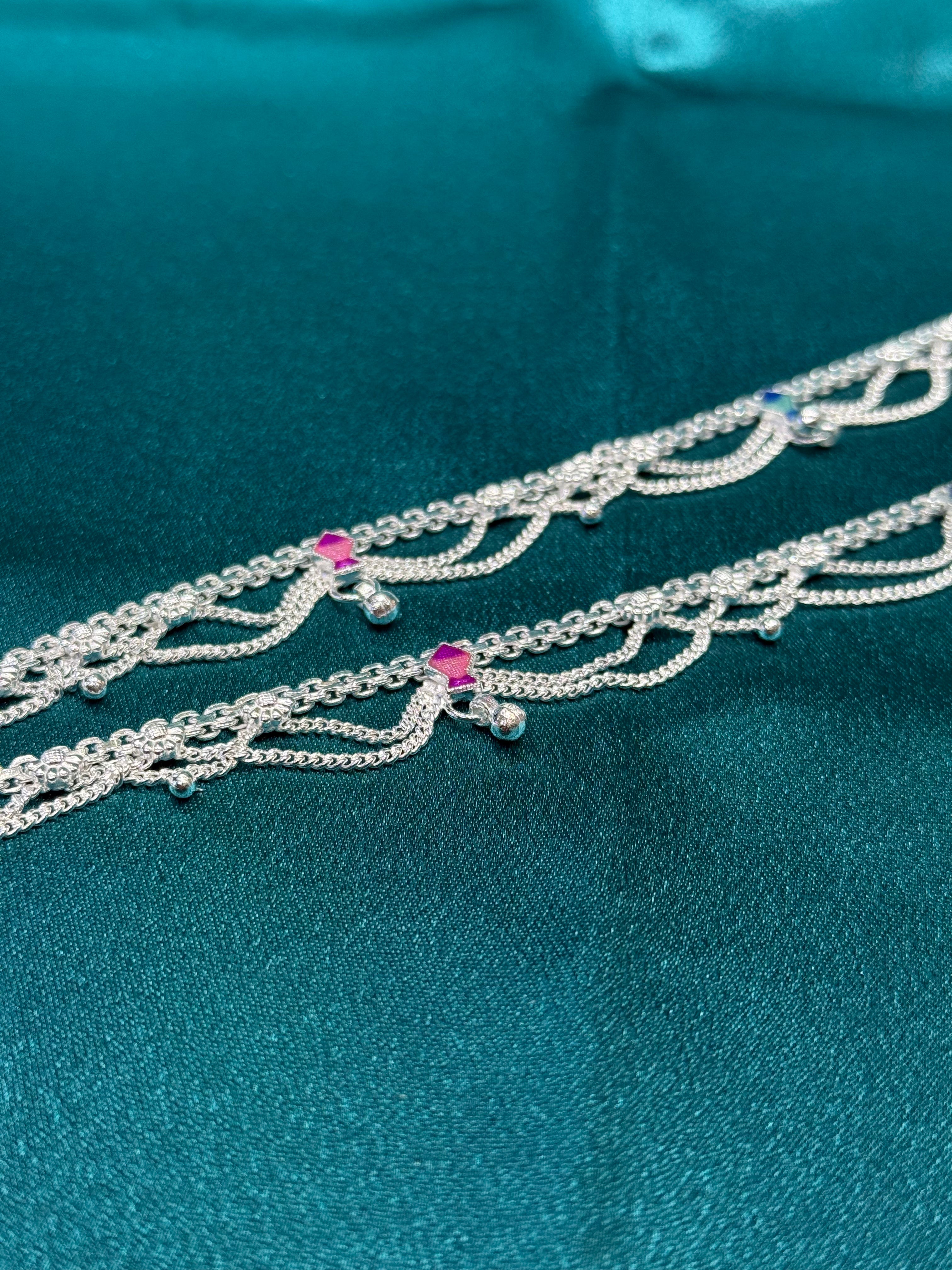 Traditional silver anklet with frill and colourful pattern