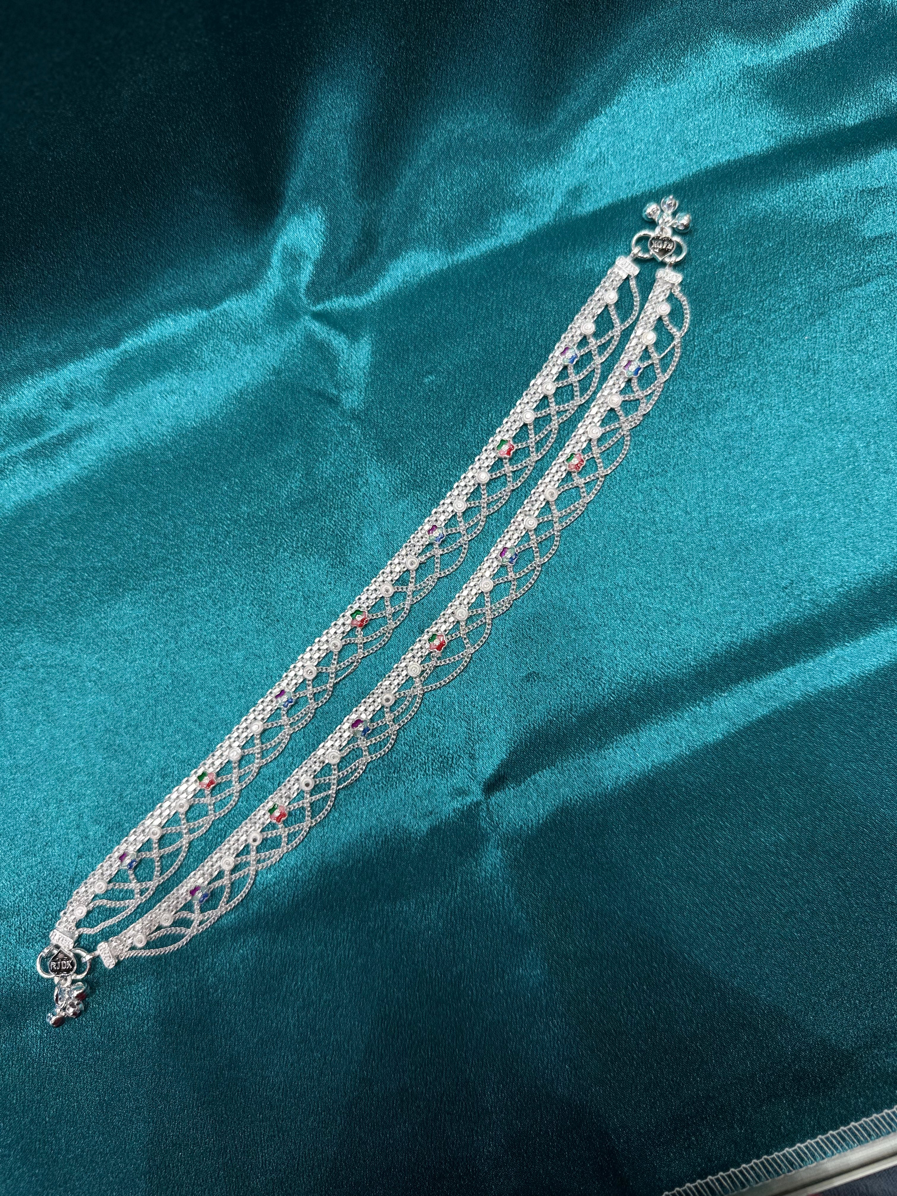 Traditional style filigree silver anklets with multicolour flowers made on it