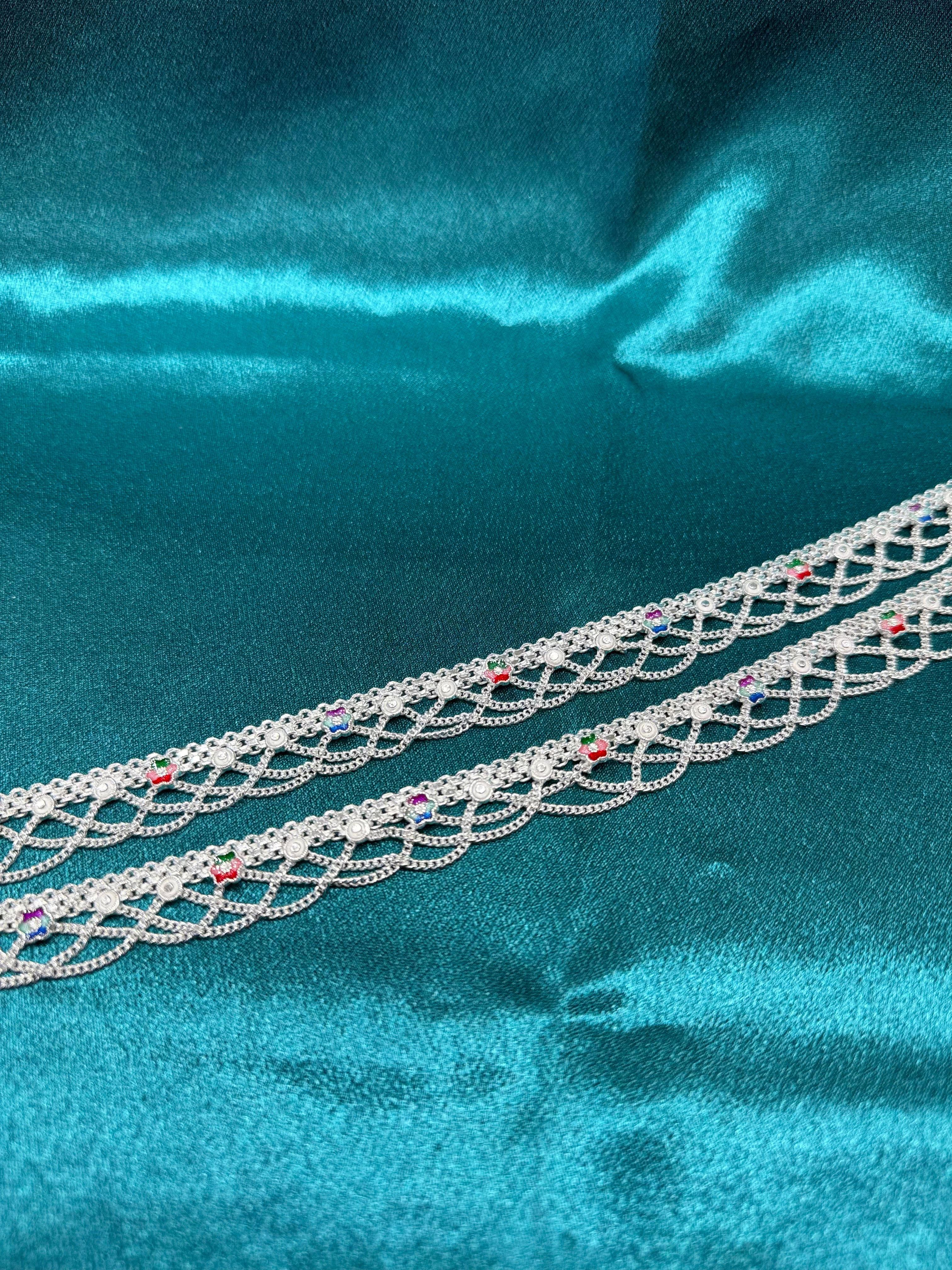 Traditional style filigree silver anklets with multicolour flowers made on it