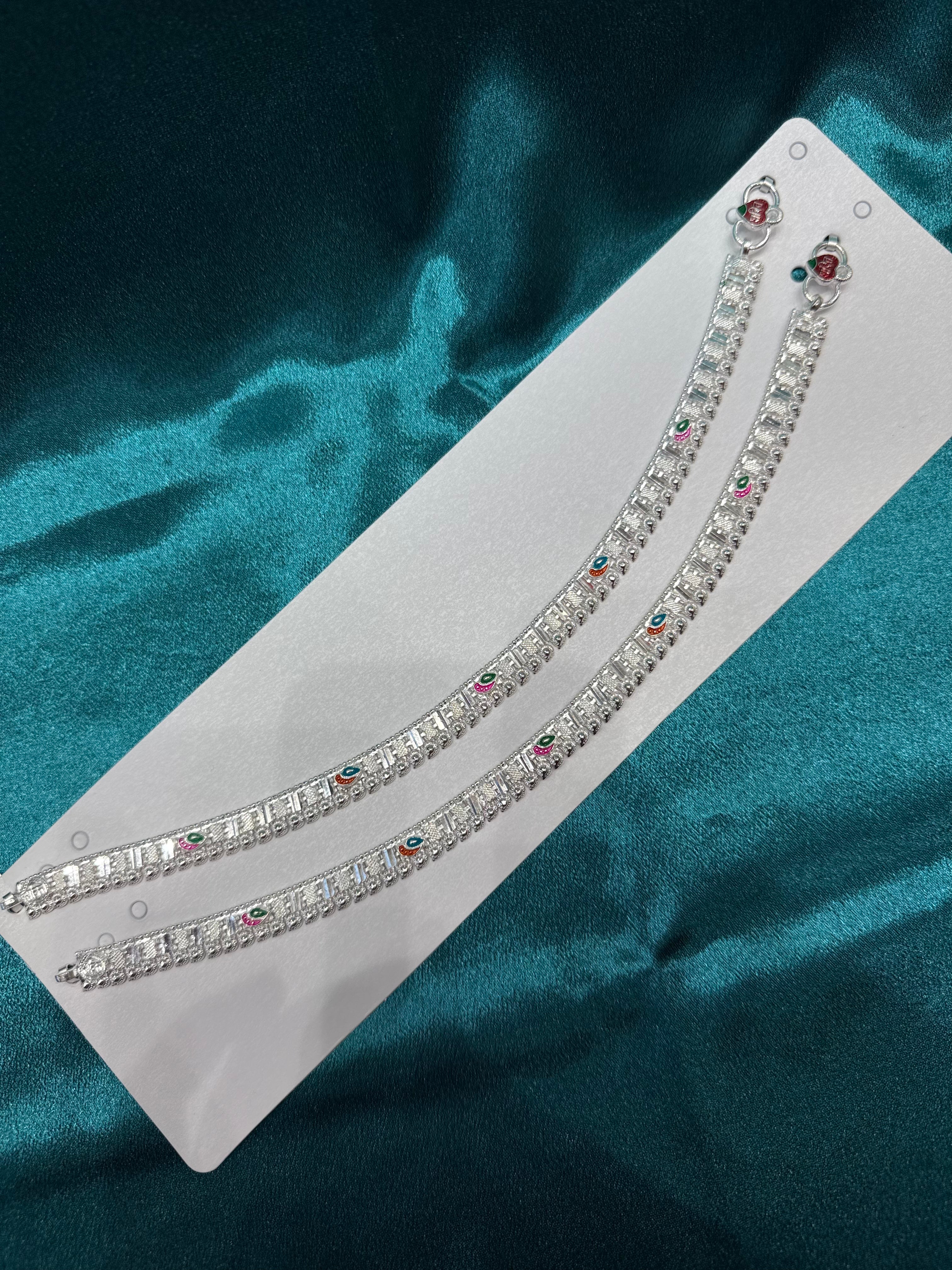 Traditional style silver anklets with multicolour paisley work