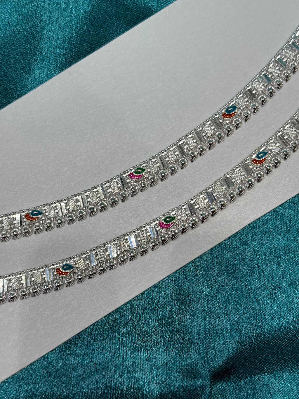 Traditional style silver anklets with multicolour paisley work