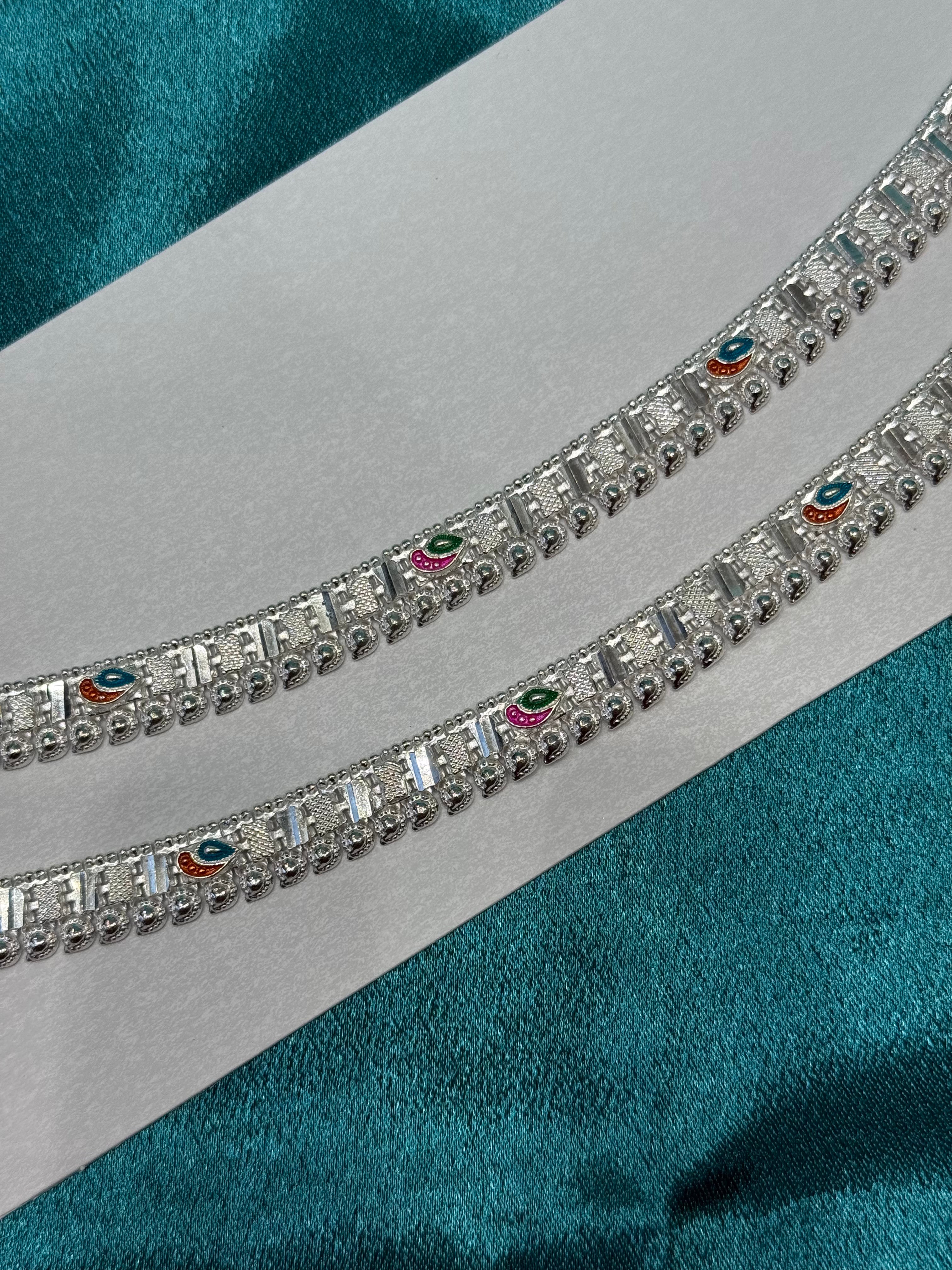 Traditional style silver anklets with multicolour paisley work
