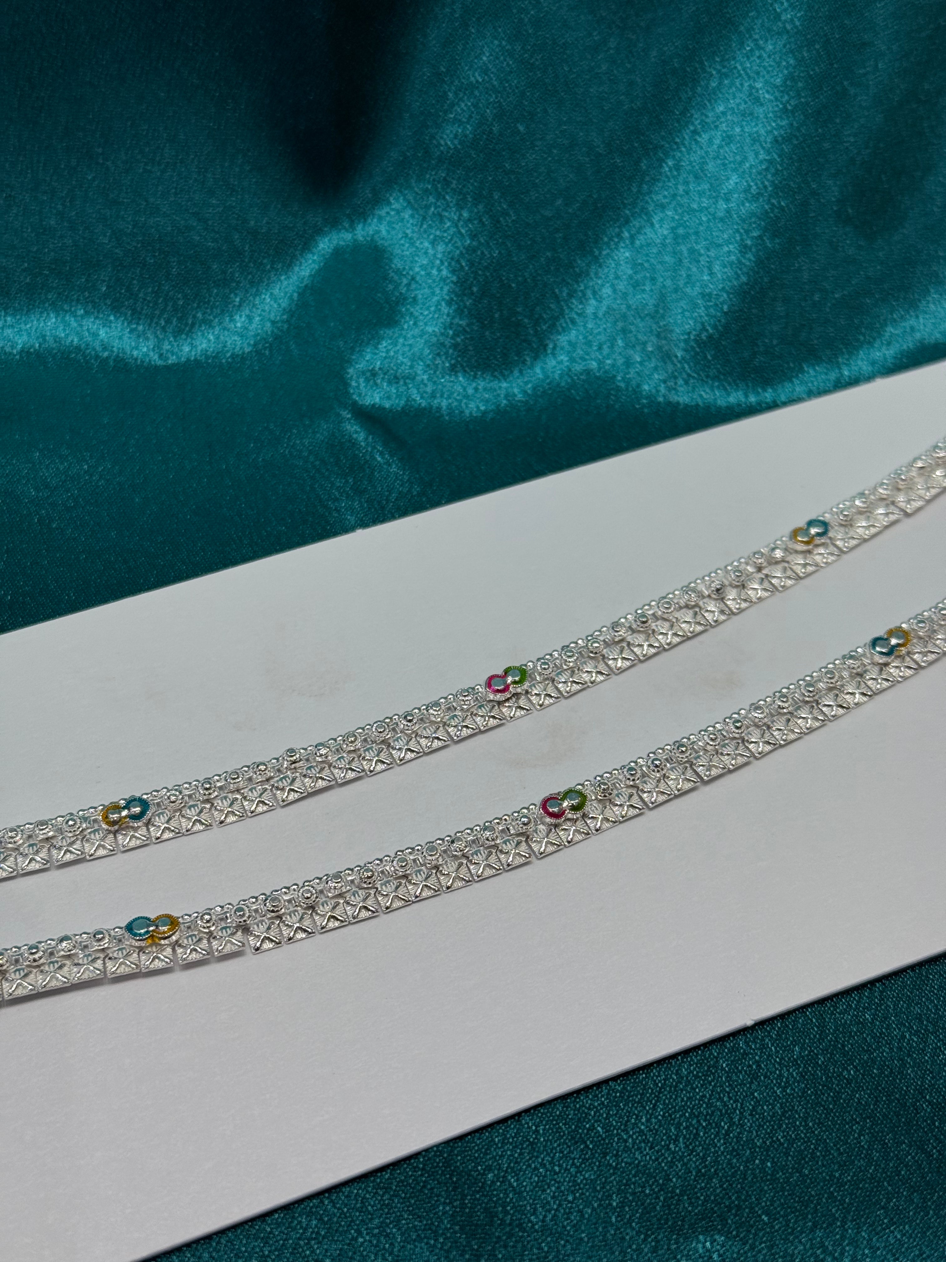 Traditional style silver anklets with star- Embossed detailing