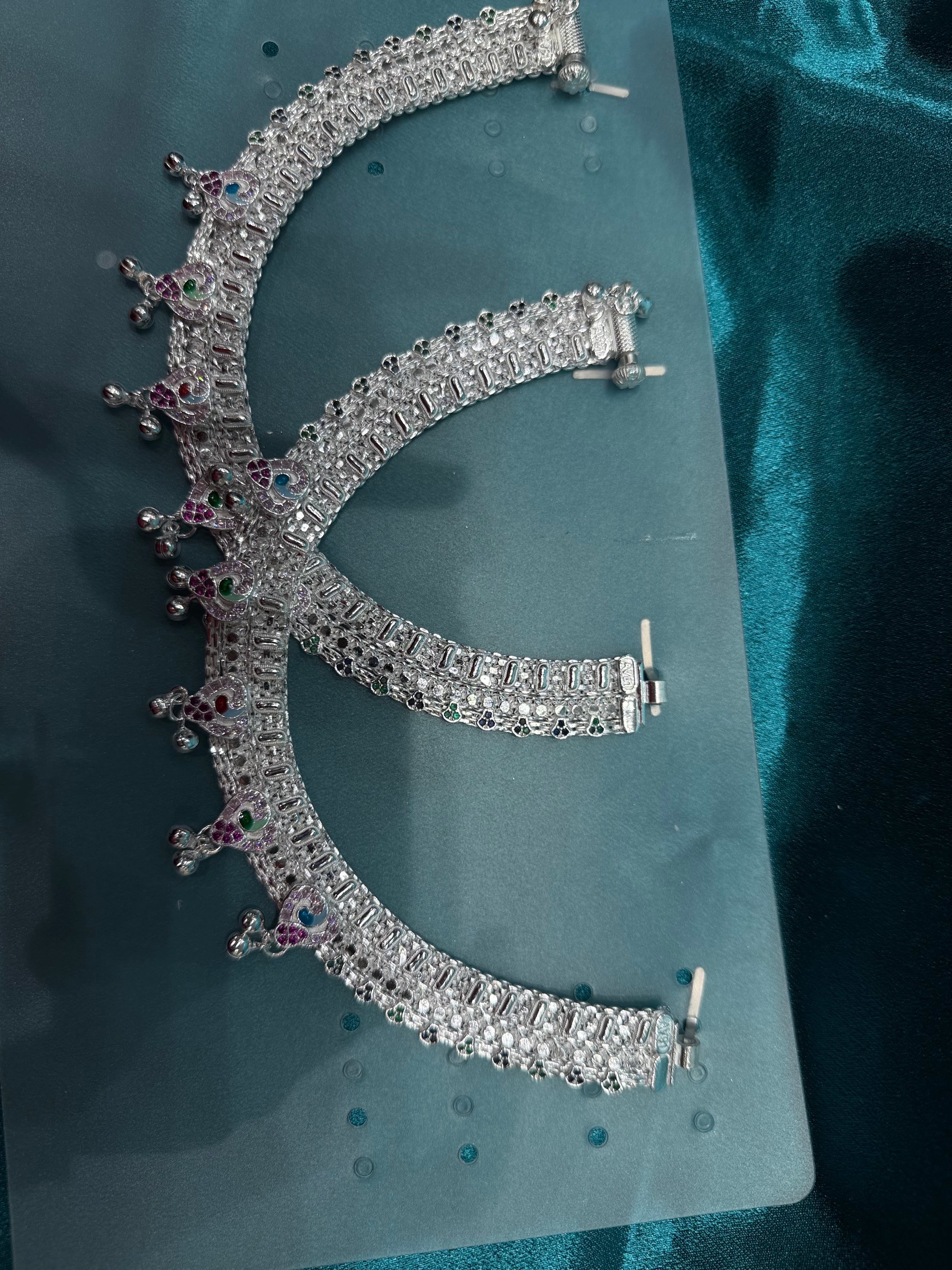 Traditional heavy silver anklet with peacock design