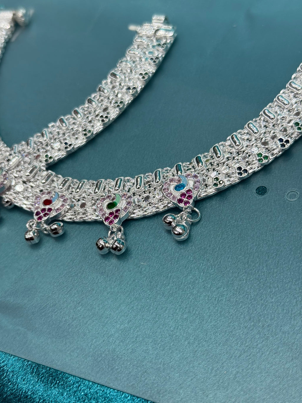 Traditional heavy silver anklet with peacock design