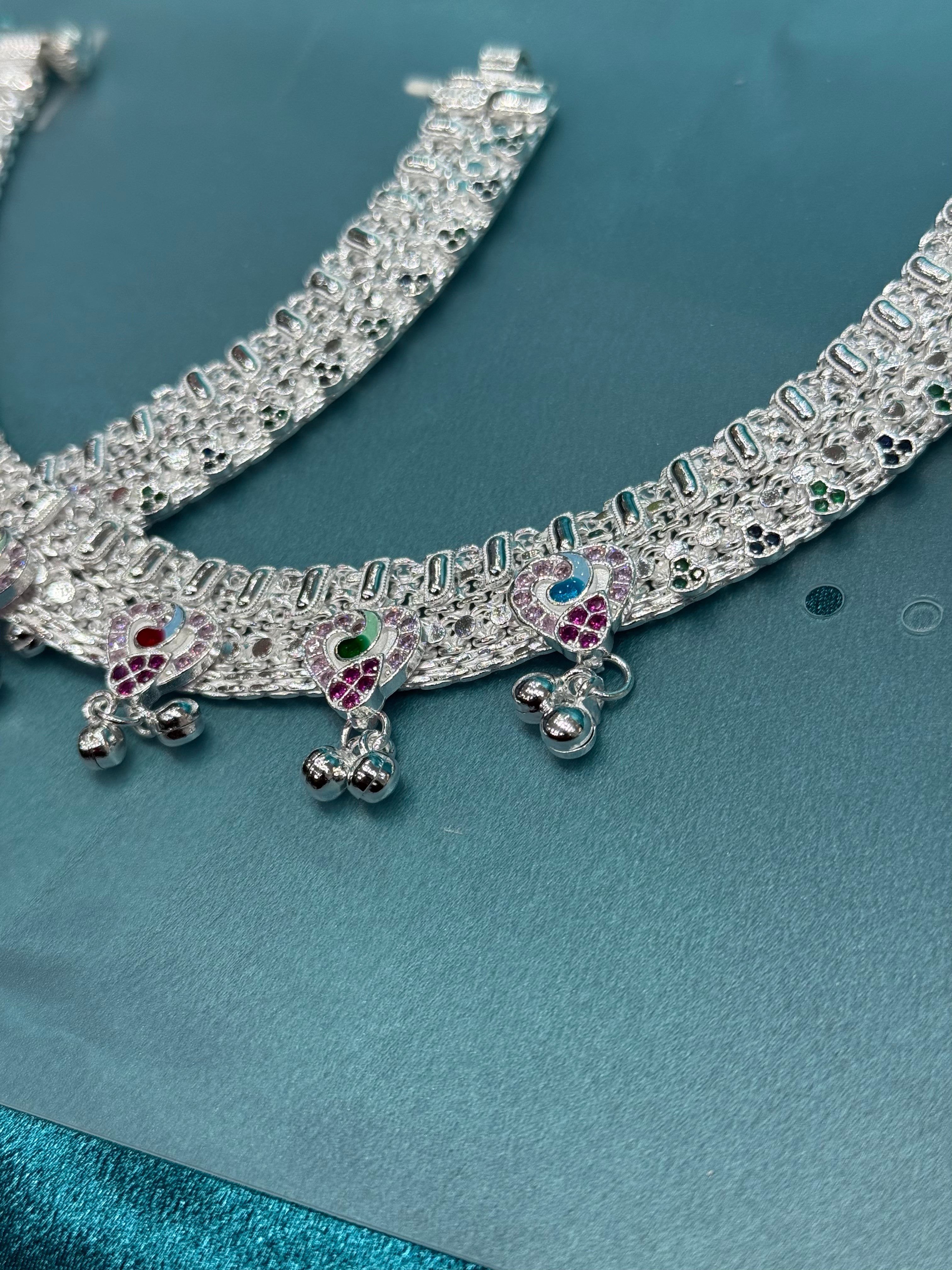 Traditional heavy silver anklet with peacock design