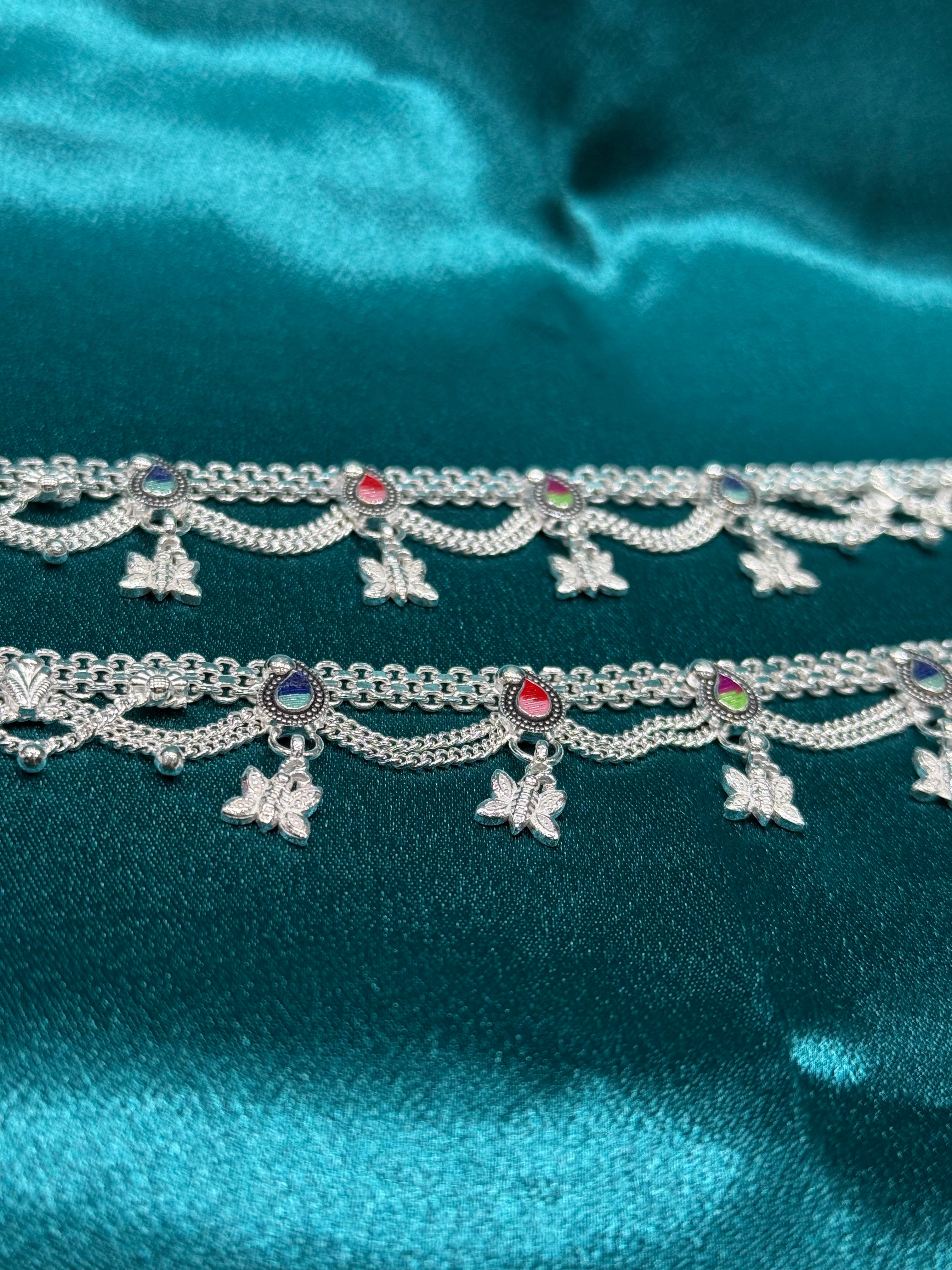 Traditional silver anklet with colourful pattern and frill design