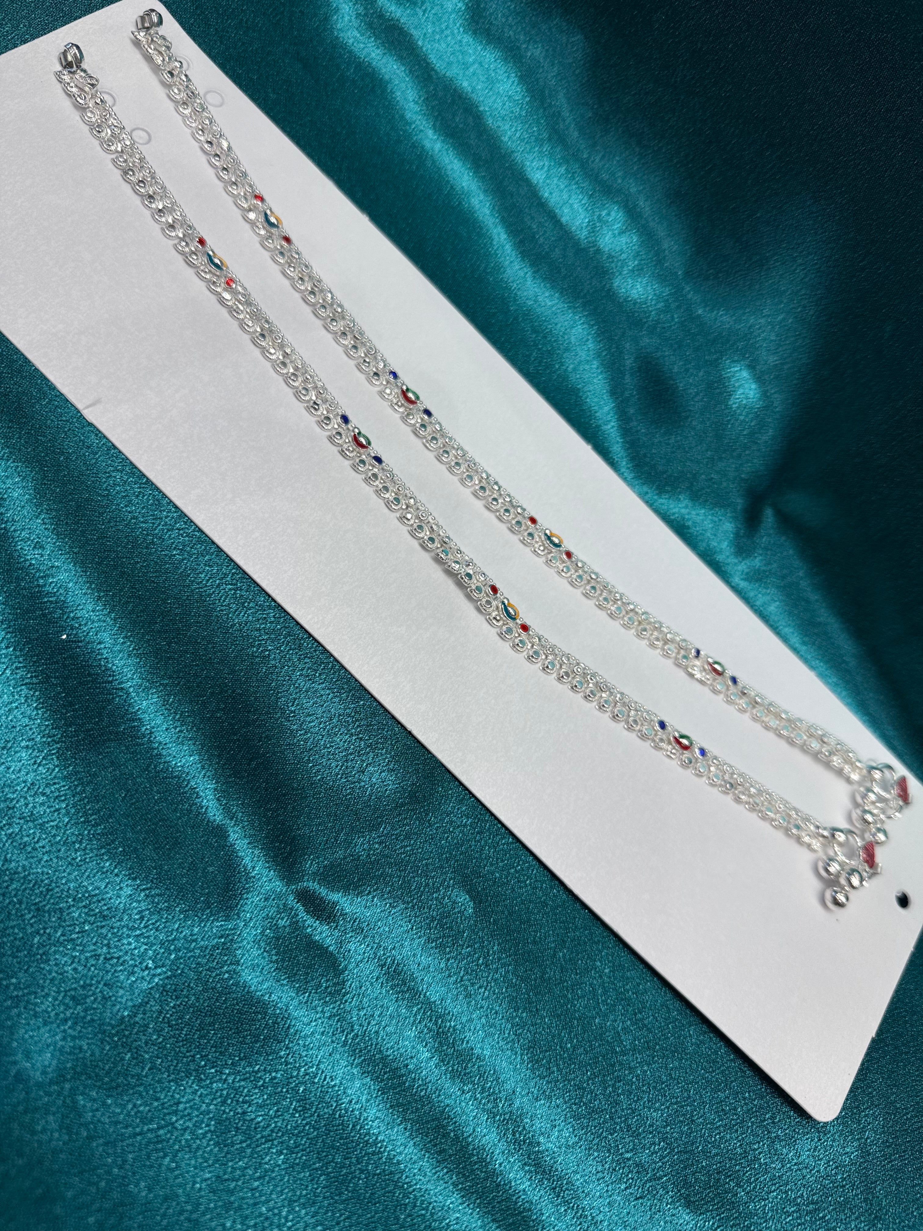 Traditional silver anklet with colourful  geometric pattern 2