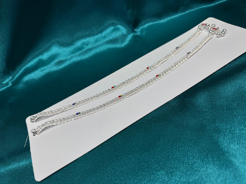 Traditional silver anklet with colourful  geometric pattern 1