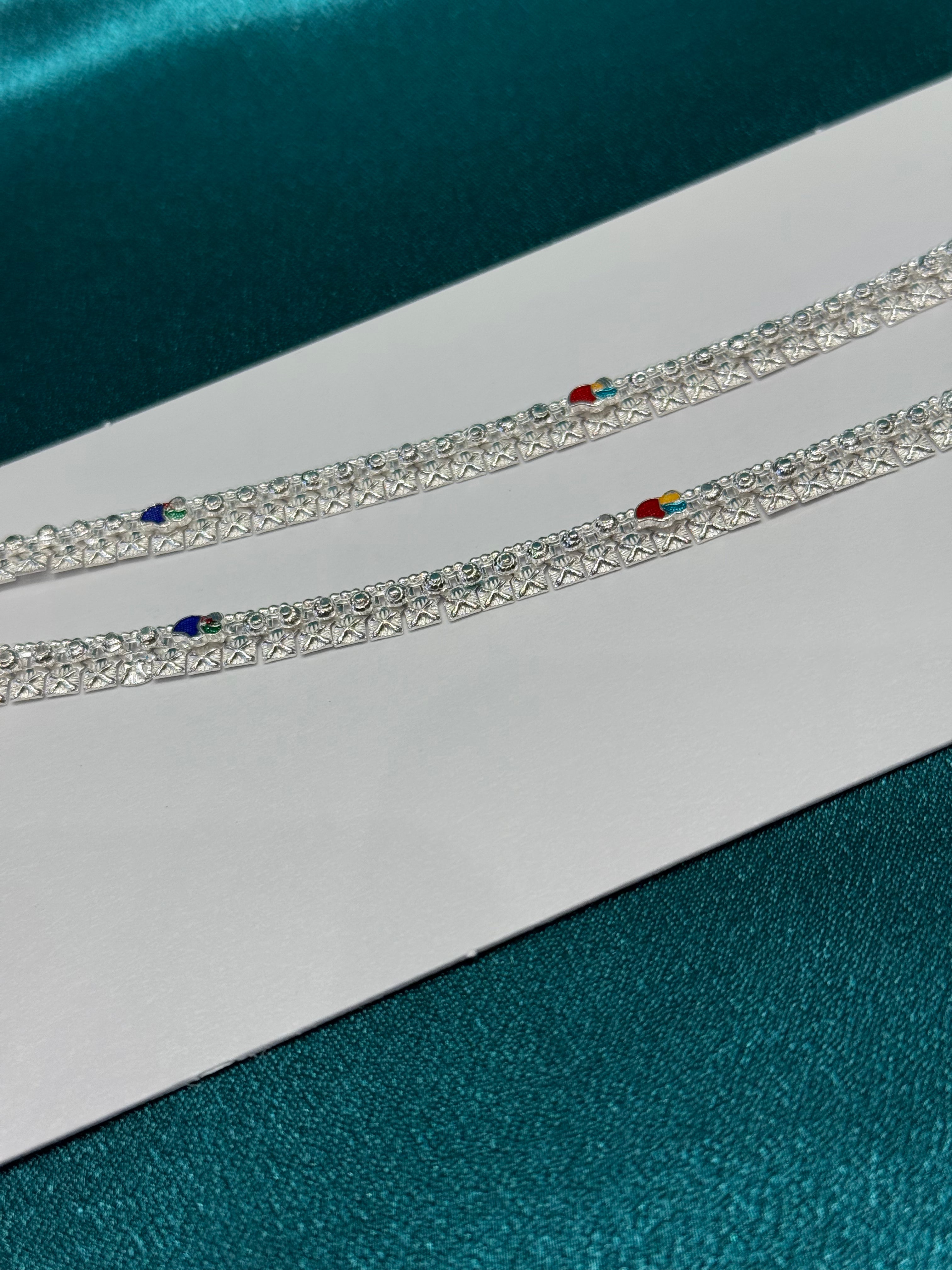 Traditional silver anklet with colourful  geometric pattern 1