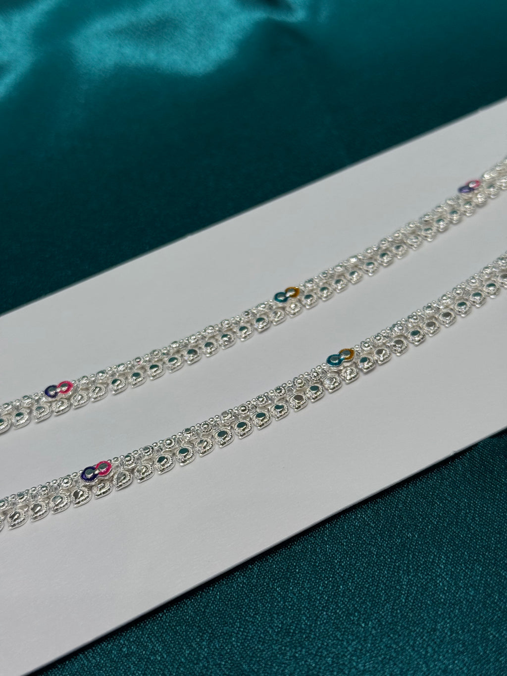 Traditional silver anklet with colourful geometric pattern