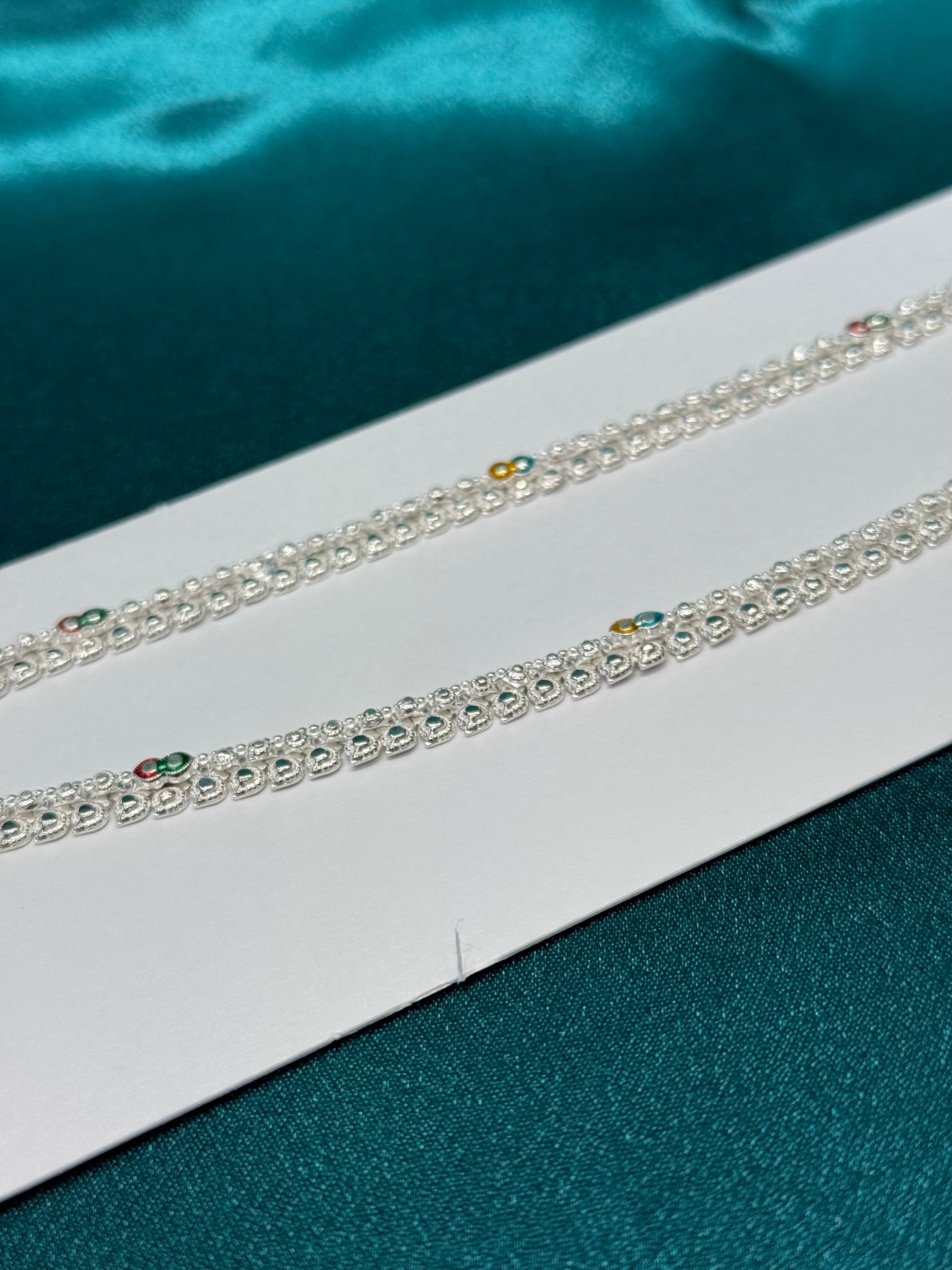 Traditional silver anklet with colourful geometric pattern