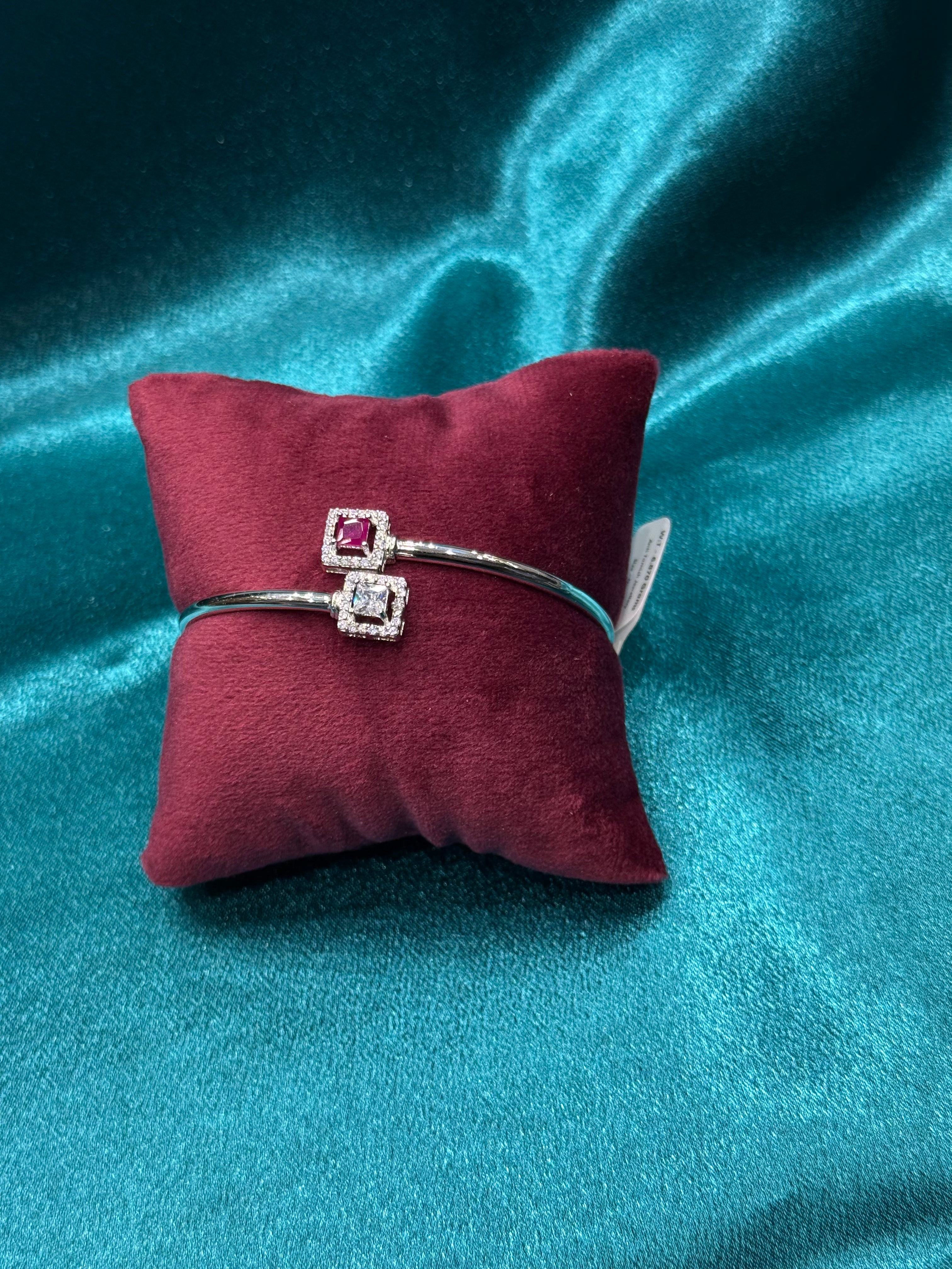 Fancy silver bracelet CZ diamond with square shaped pink stone