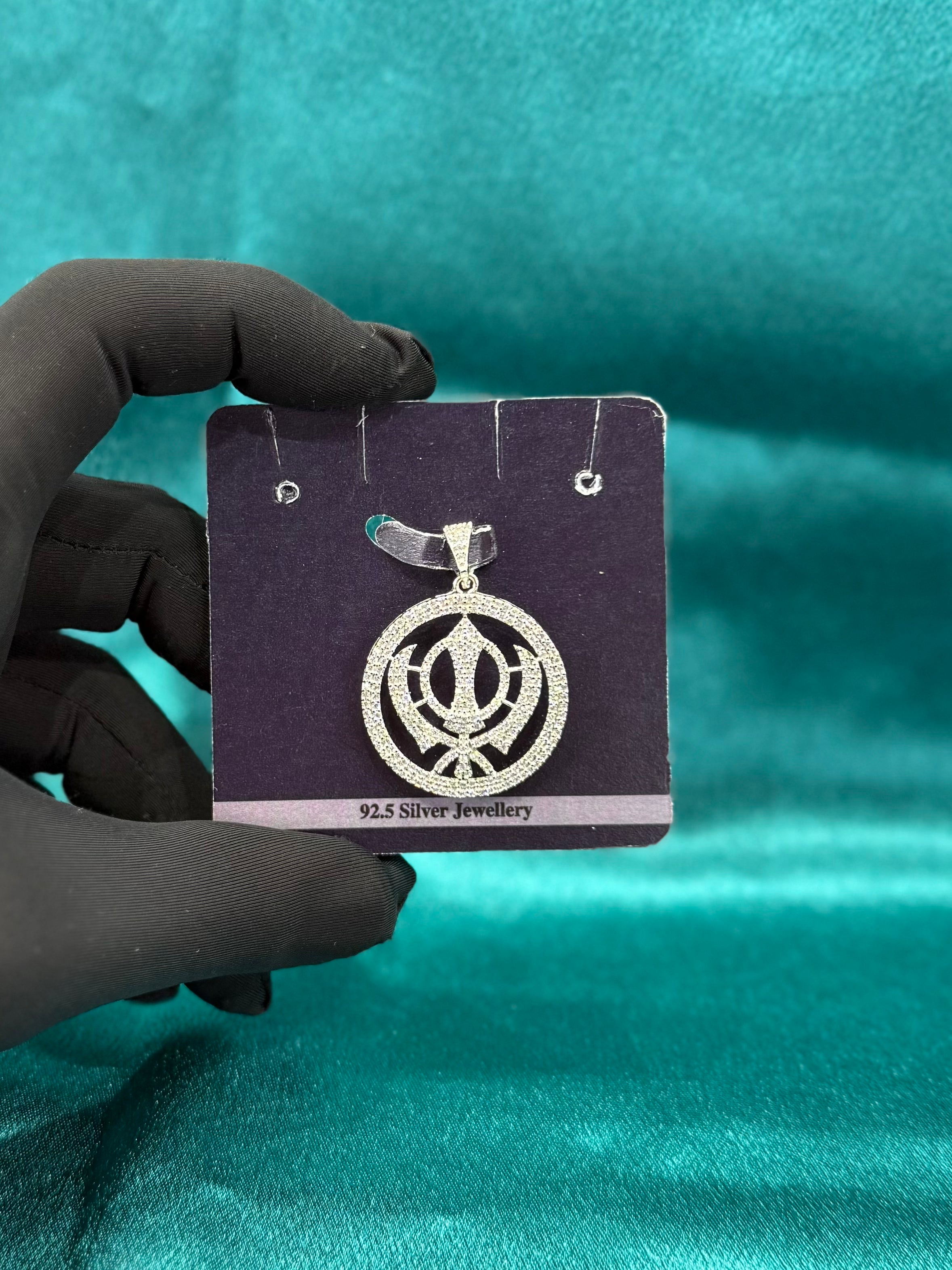 Khanda Pendant with CZ diamonds and round border