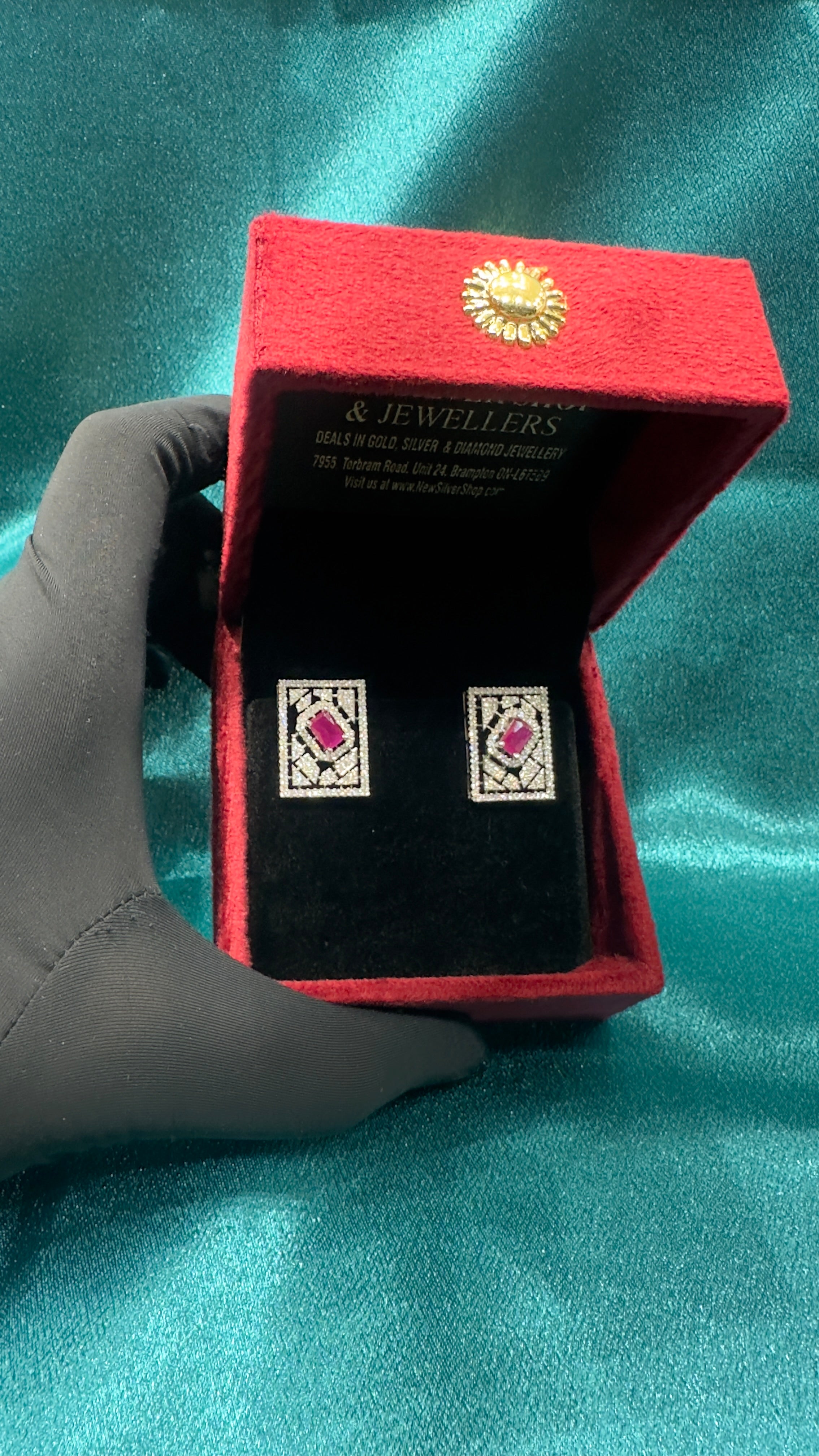 Silver earrings with hot pink cz diamonds in rectangle shape