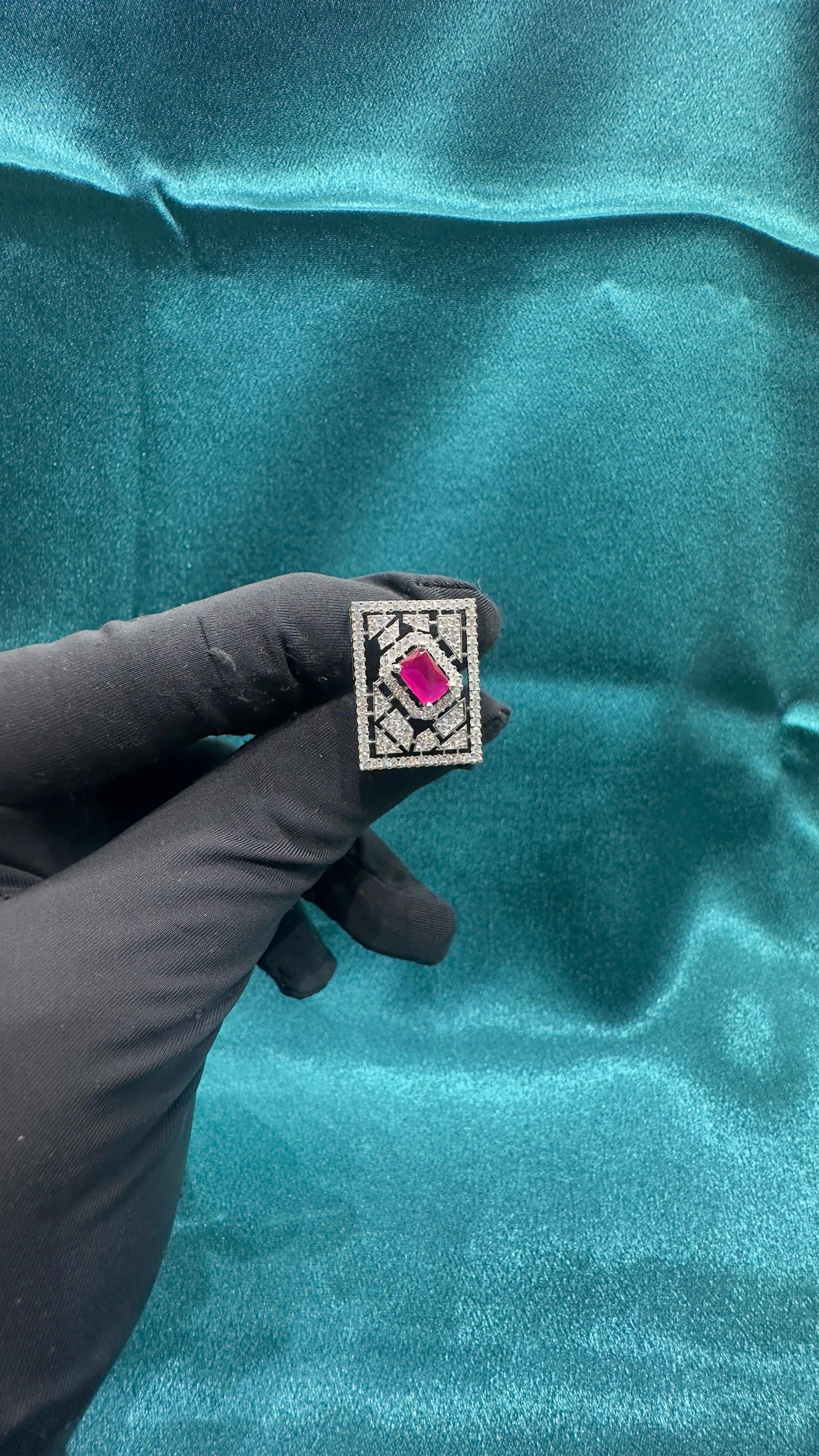 Silver earrings with hot pink cz diamonds in rectangle shape