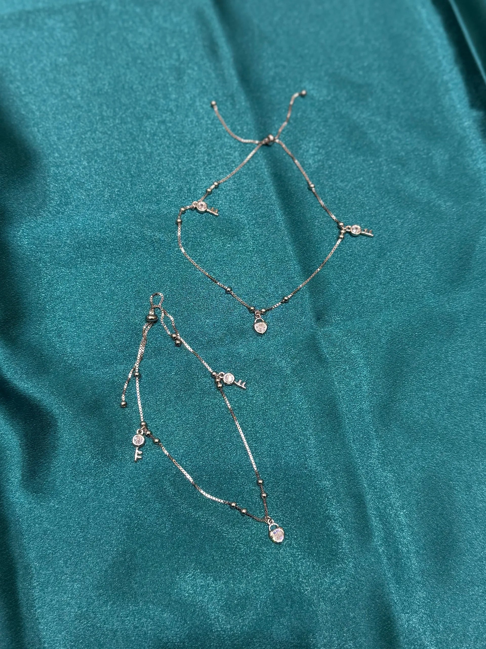 Adjustable Silver Anklet with Lock and Key Charms