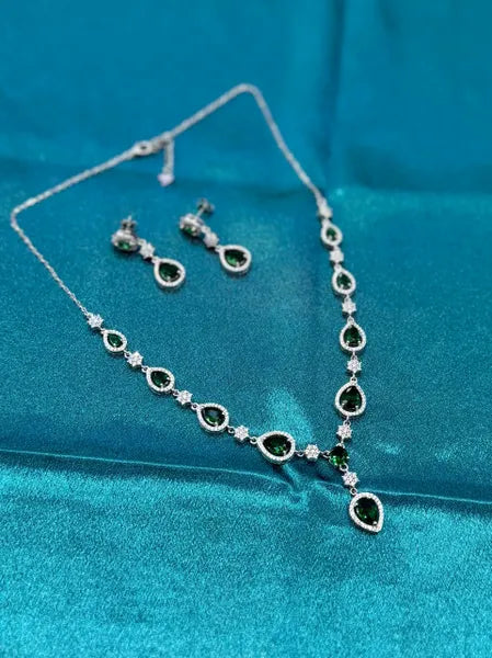 Silver Necklace with Green CZ Diamonds